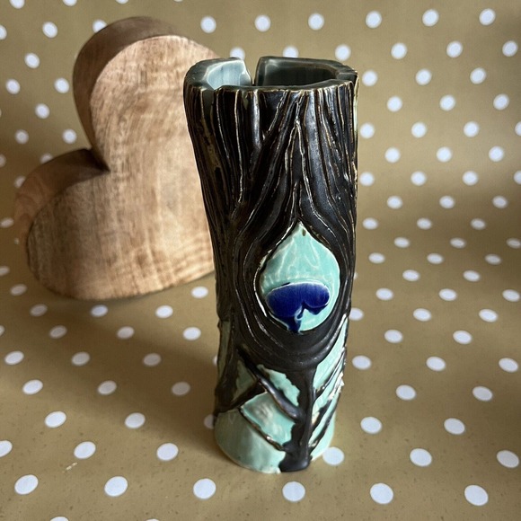 OOAK Studio Art Pottery Peacock Bud Vase Turquoise & Metallic Glazed Signed 7" - Picture 1 of 11